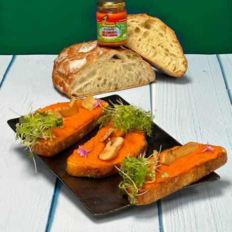 Tartines de giraumon, lambis et purée de piments végétariens